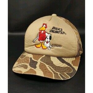 Vtg Ducks Unlimited John Baron Snapback Camo Truckers Hat Embroidered Duck & Dog